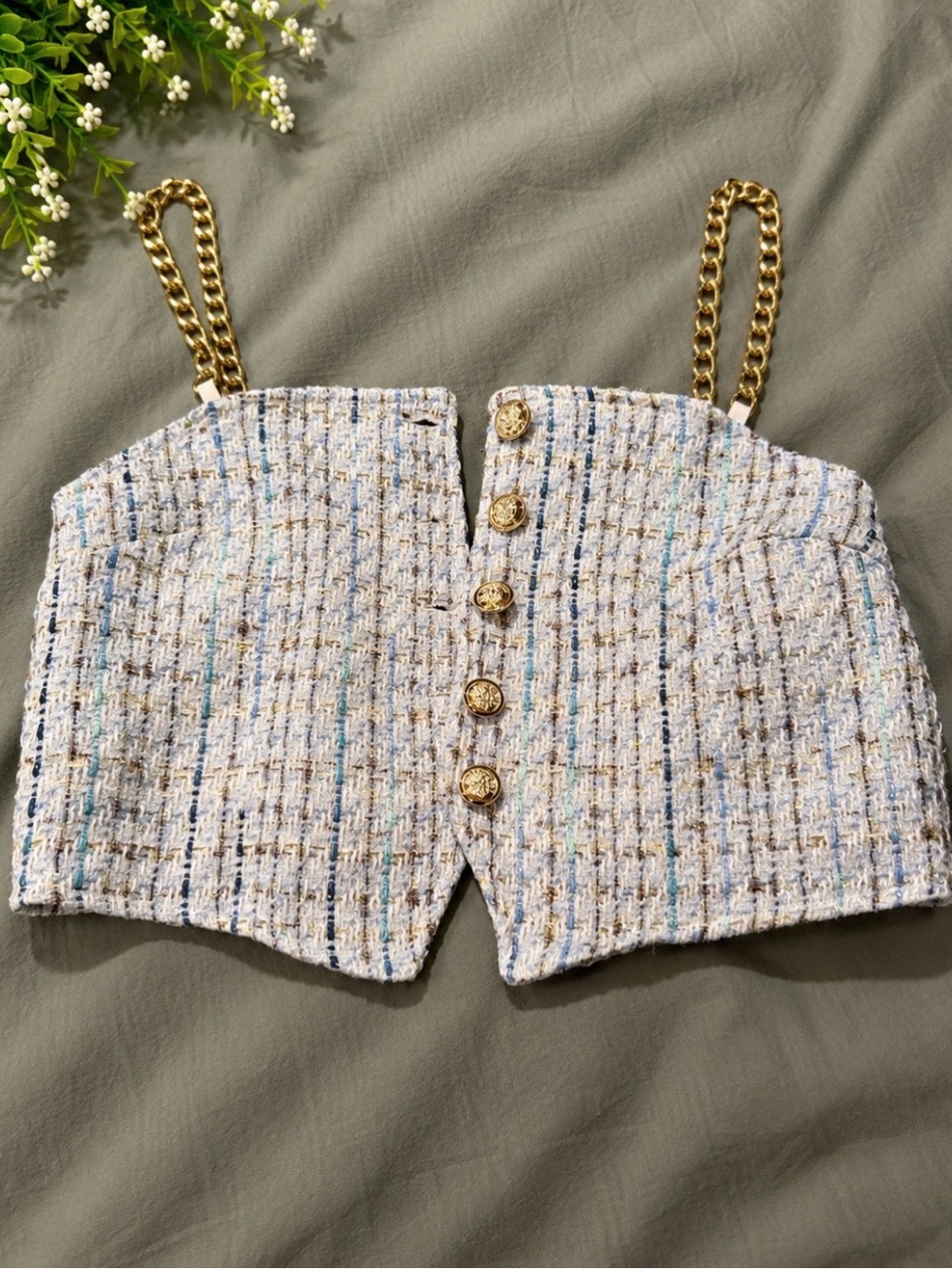 SHEIN White Tweed Crop Top with Gold Chain Straps